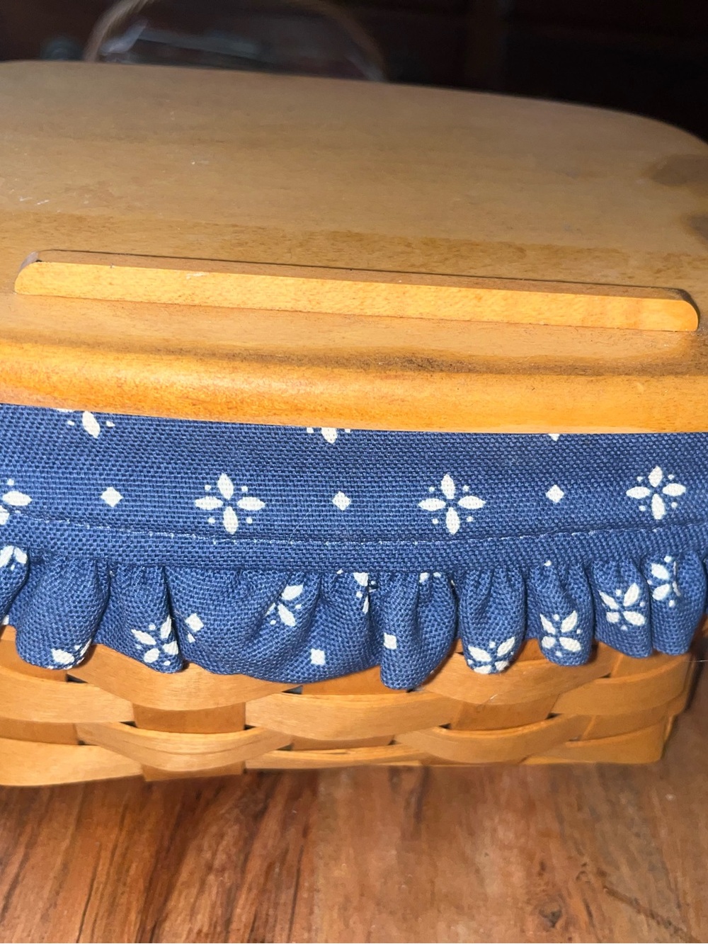 Longaberger Natural Basket with Blue Floral Ruffle Trim recipe box